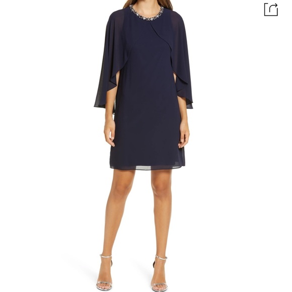 Vince Camuto Chiffon Cape Back Shift Dress NAVY 2 - Picture 17 of 17